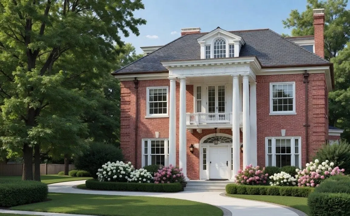 Rendering of 2925 Erie Ave. restored: a red-brick home with a white two-story columned portico, a balcony over an arched front door, a curved front walk and hydrangea beds