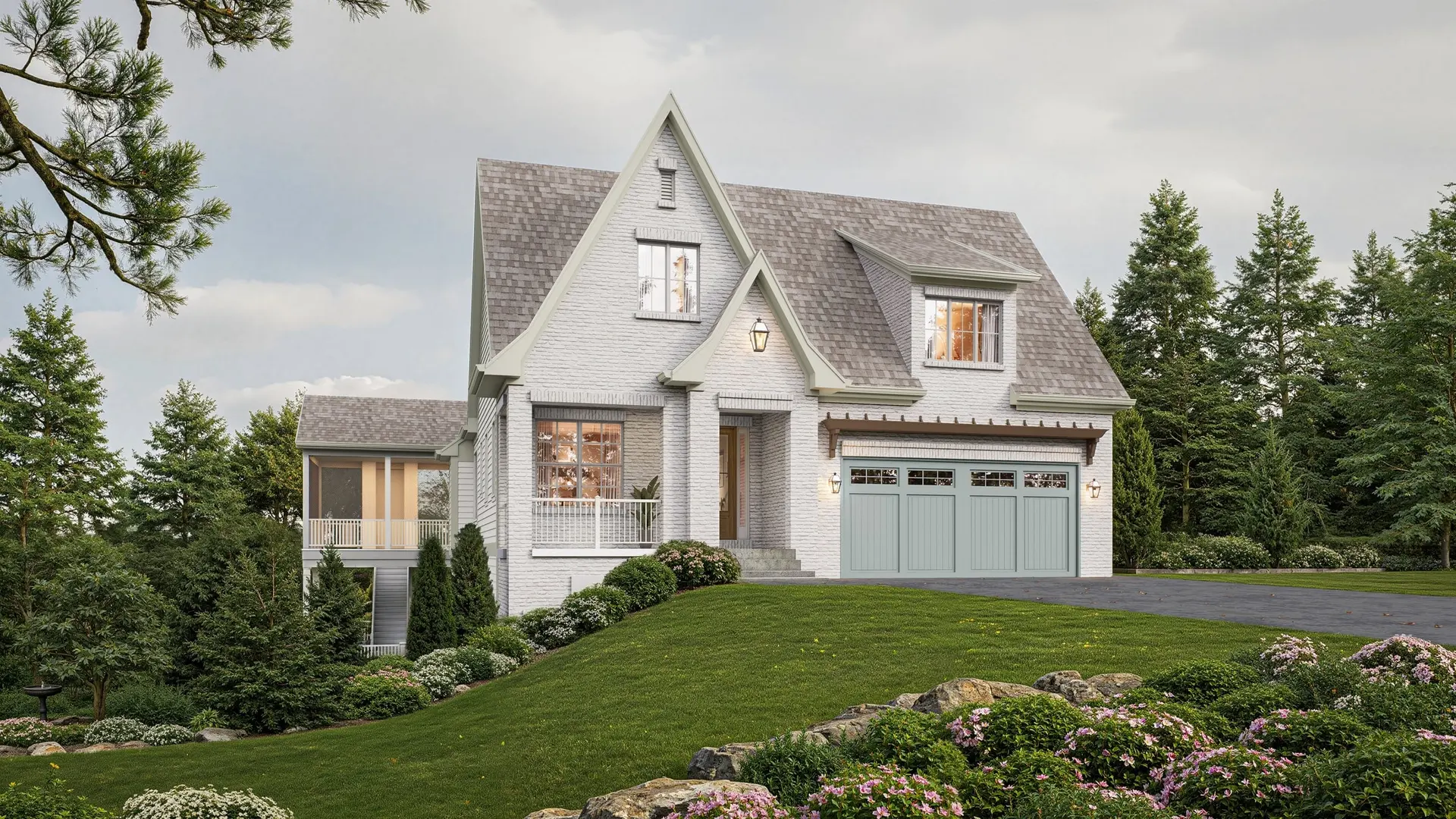 Rendering of 3536 Grandin: a white-painted house with steep grey roofs, a front gable, a screened side porch and a blue-grey garage door on a sloping, planted lot