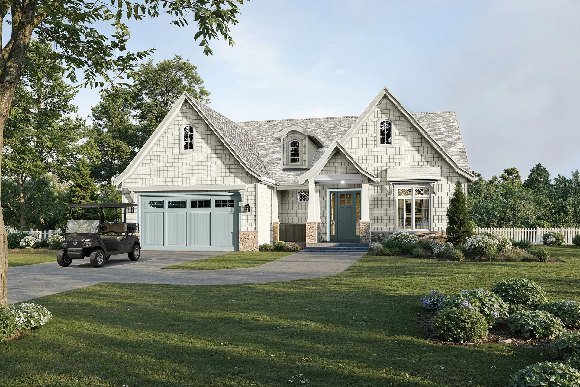 Rendering of 6041 Johnson: a white shingle-style house with twin gables, a covered front entry and a pale blue garage door, with a golf cart in the driveway
