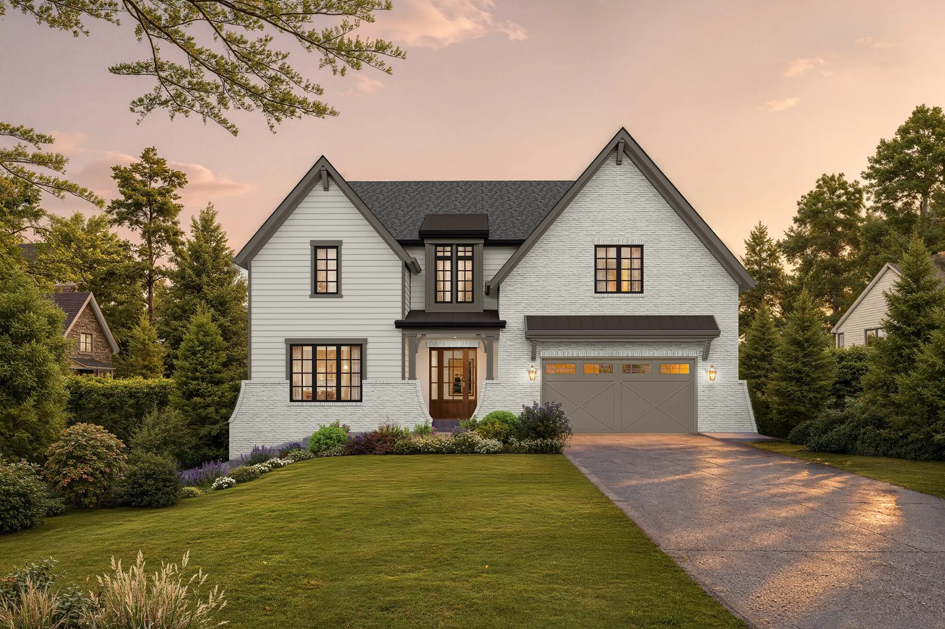 Rendering of 7331 Mar Del: a white two-story house with twin front gables, black-trimmed windows and a warmly lit entry and garage at sunset, framed by pines