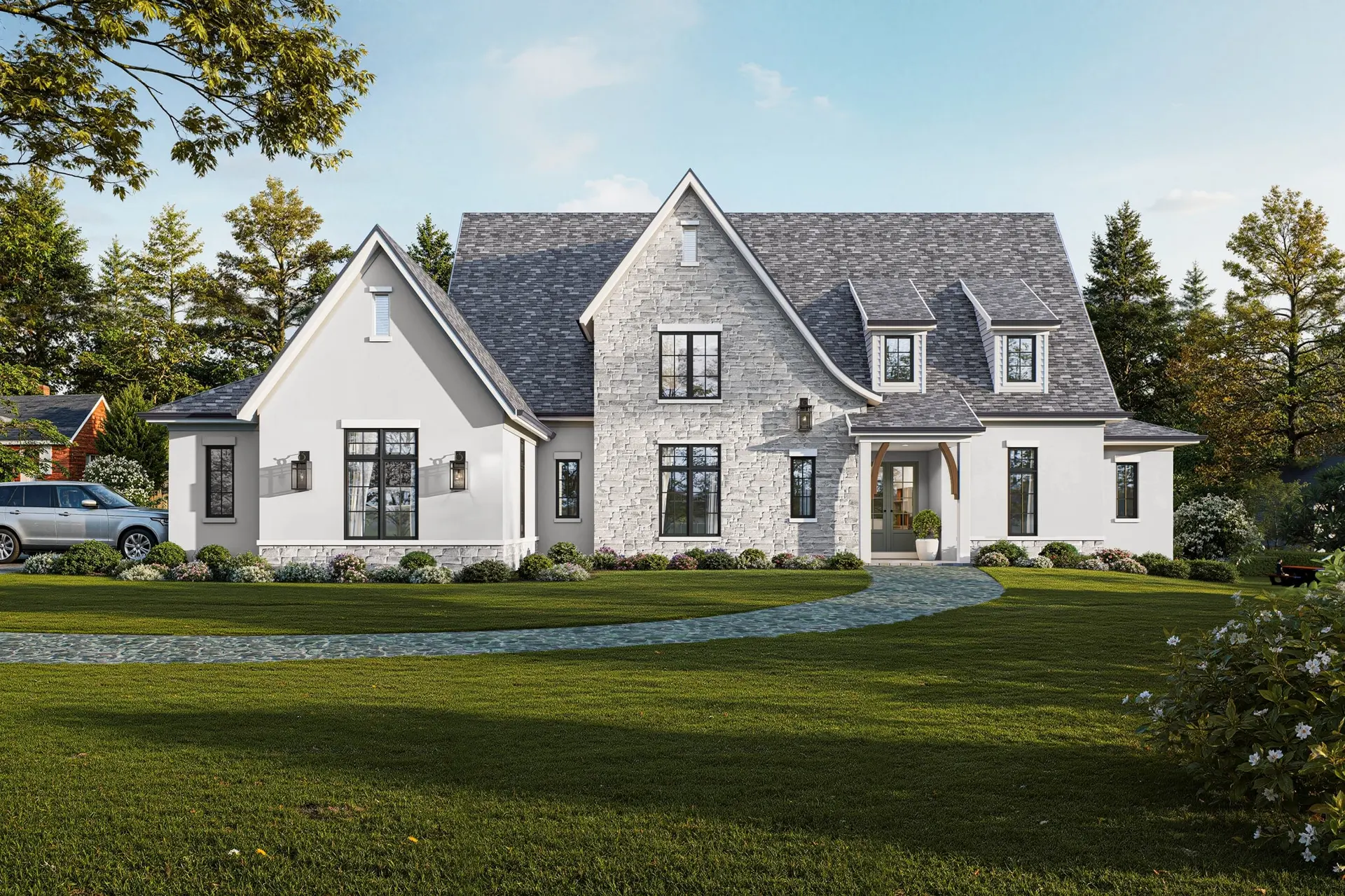 Rendering of 4440 Miami: a white brick and stone house with steep grey roofs and black windows, a long lawn and a curving drive, set among evergreens