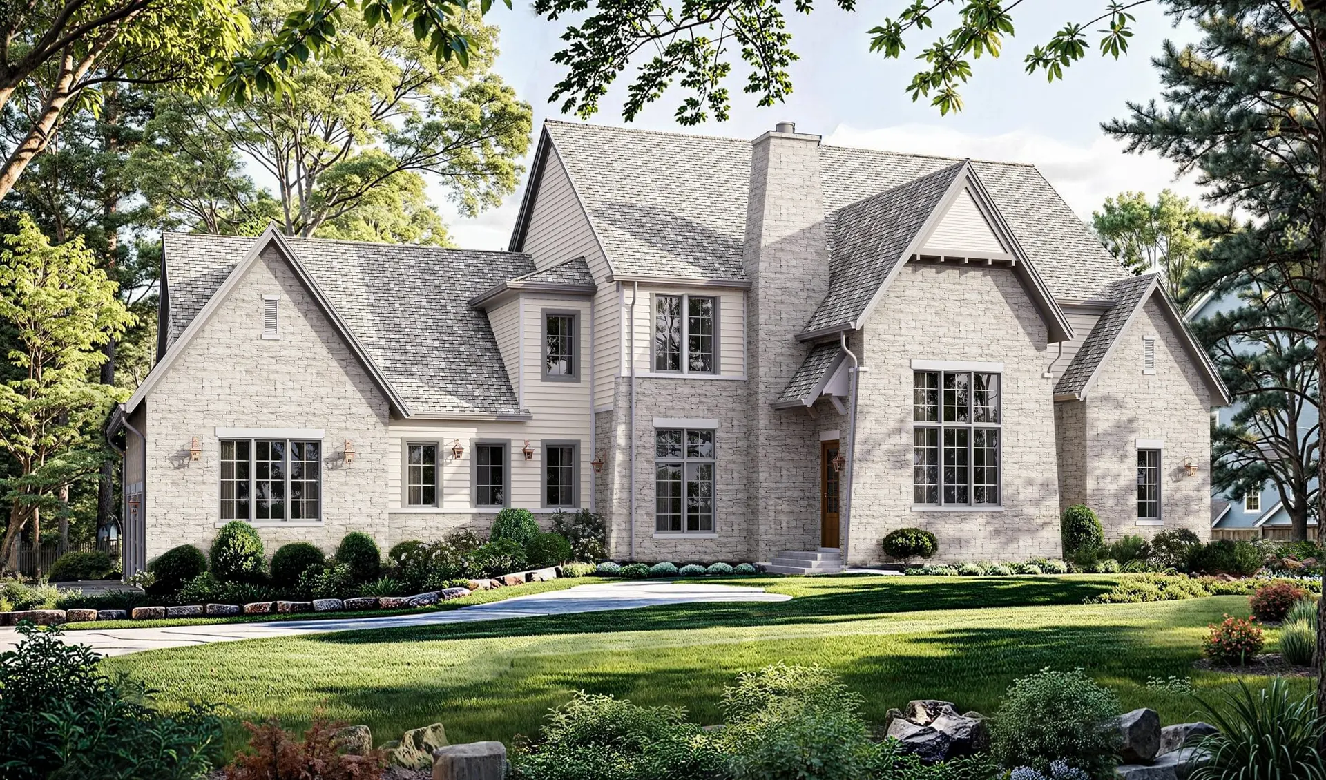 Rendering of 1134 Rookwood: a large whitewashed-brick manor with several steep Tudor gables, tall black windows and a wide lawn edged with boxwoods