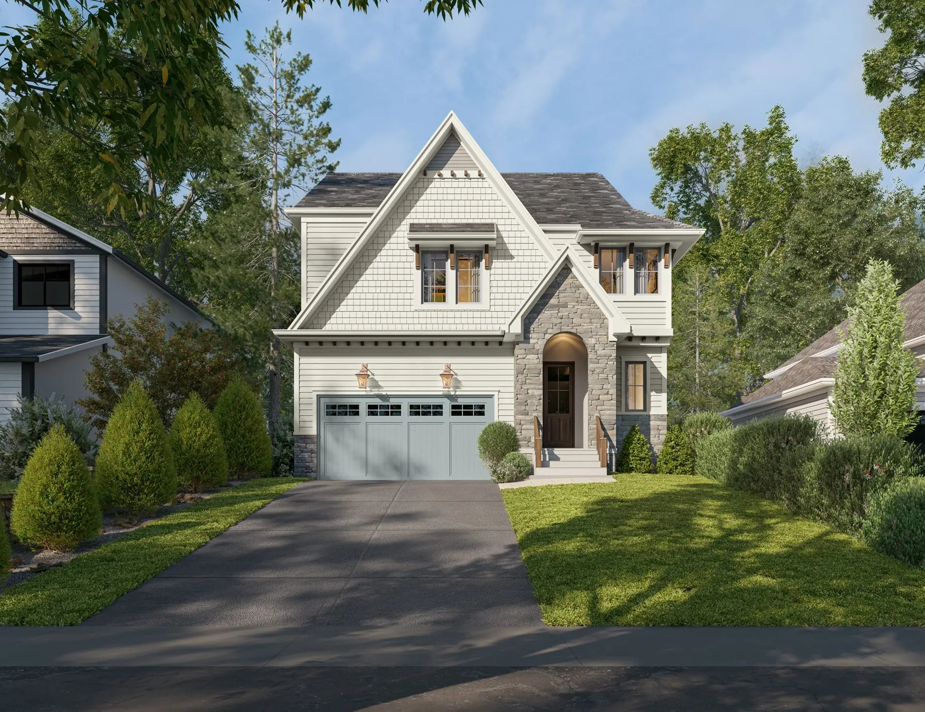 Rendering of 658 Rushton: a white two-story house with a tall front gable, a stone arched entry and a blue-grey garage door at the top of a driveway lined with evergreen shrubs