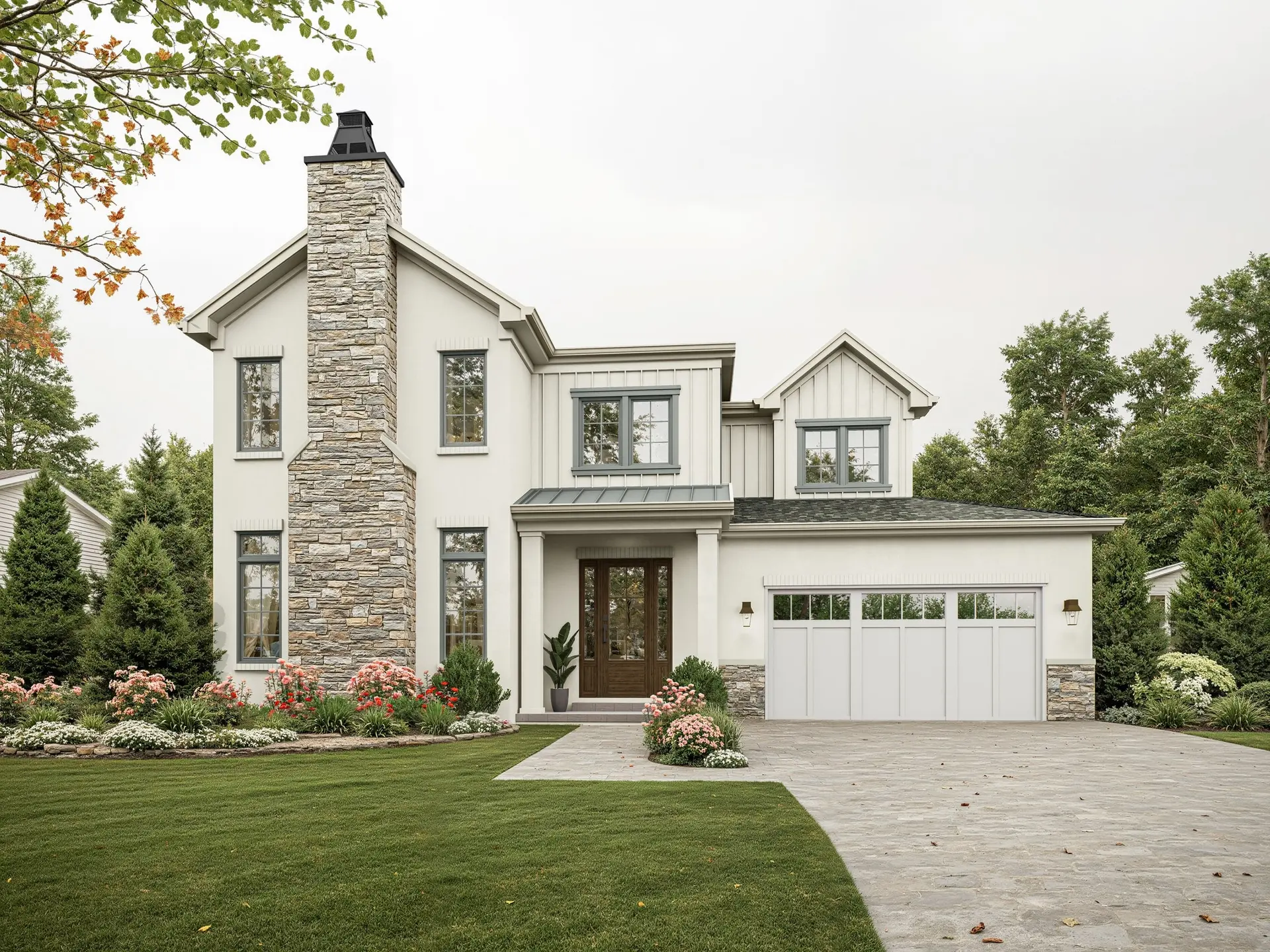 Rendering of 7554 Shawnee: a white board-and-batten farmhouse with a tall stacked-stone chimney, black windows, a wood front door and a wide white garage door